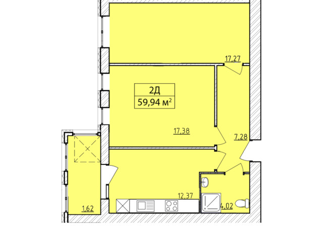 ЖК K-8: планировка 2-комнатной квартиры 59.94 м²