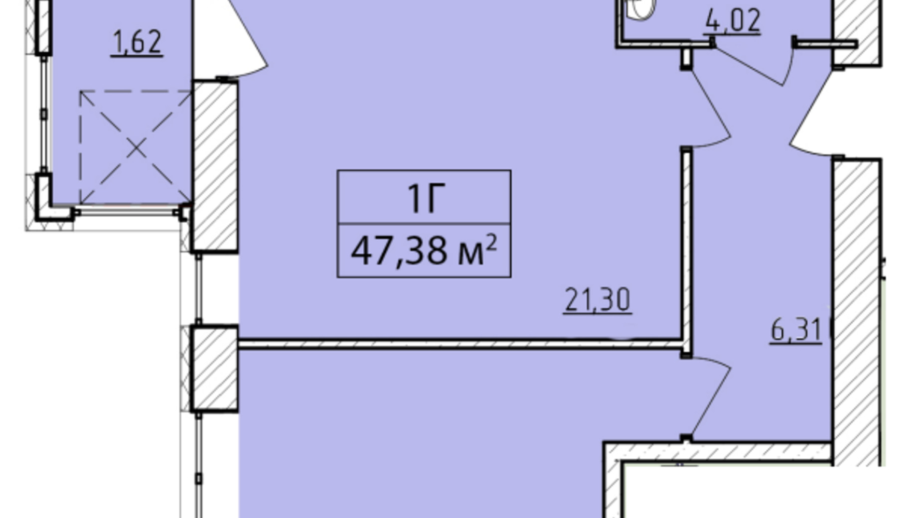 Планування 1-кімнатної квартири в ЖК K-8 47.38 м², фото 362074