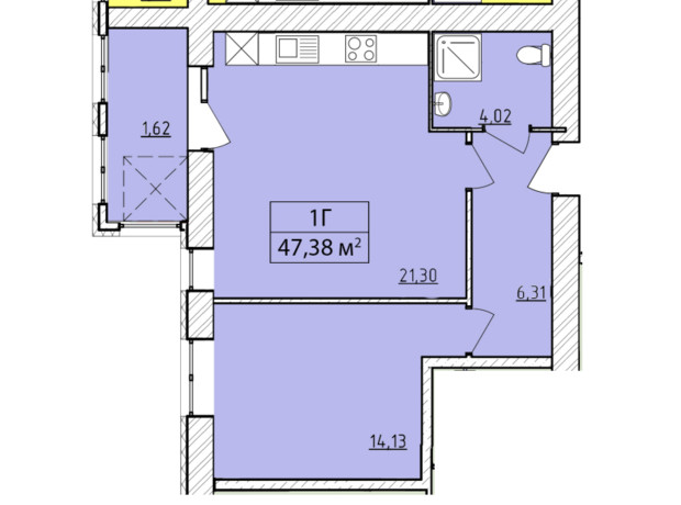 ЖК K-8: планування 1-кімнатної квартири 47.38 м²