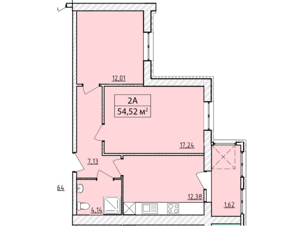 ЖК K-8: планировка 2-комнатной квартиры 54.52 м²