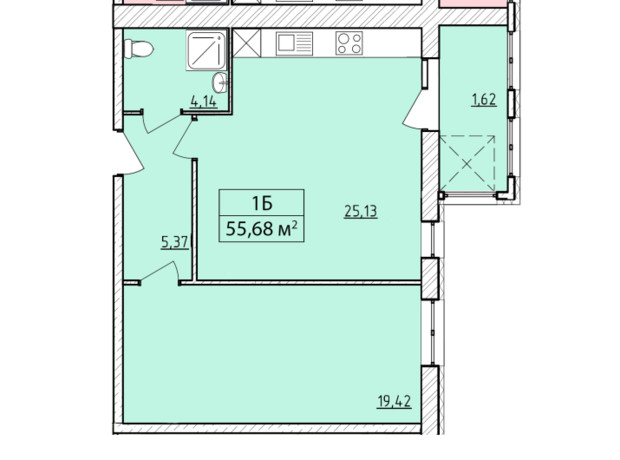 ЖК K-8: планування 1-кімнатної квартири 55.68 м²
