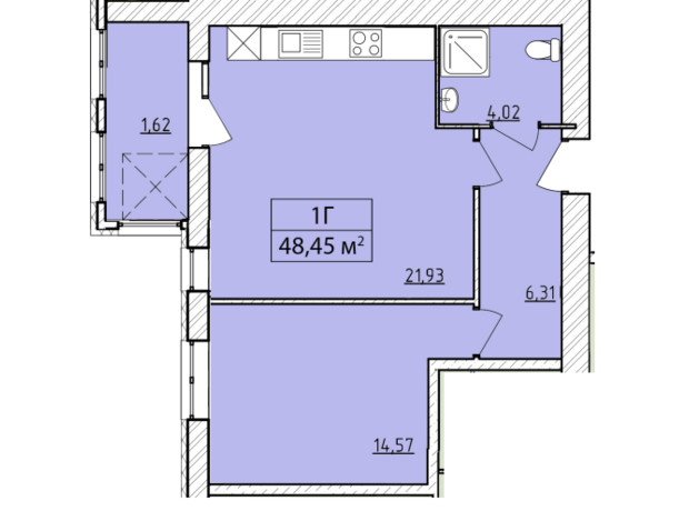 ЖК K-8: планировка 1-комнатной квартиры 48.45 м²