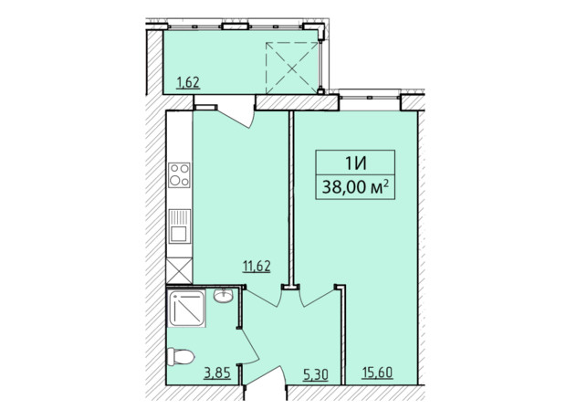 ЖК K-8: планировка 1-комнатной квартиры 38 м²