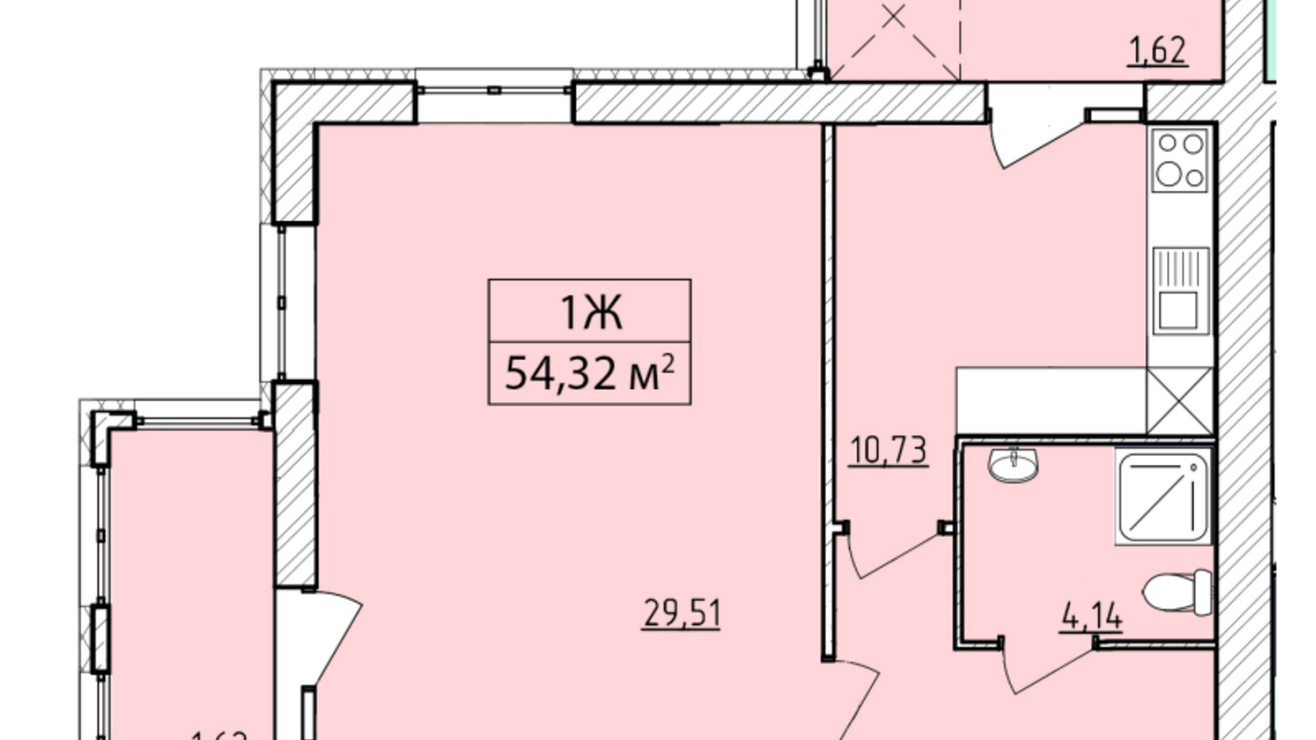 Планування 1-кімнатної квартири в ЖК K-8 54.32 м², фото 362083