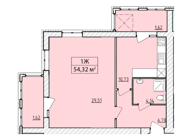 ЖК K-8: планування 1-кімнатної квартири 54.32 м²