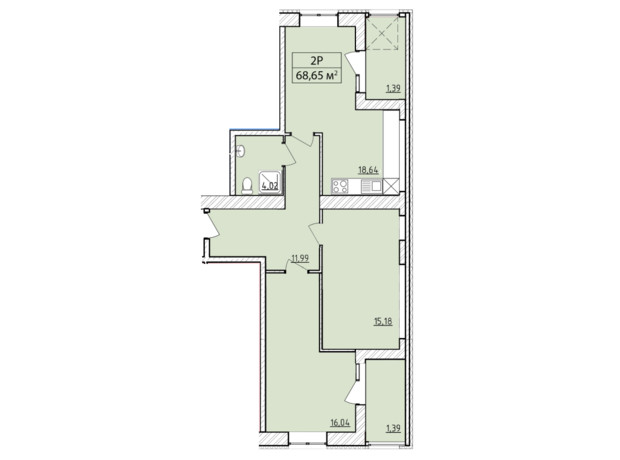 ЖК K-8: планировка 2-комнатной квартиры 68.65 м²