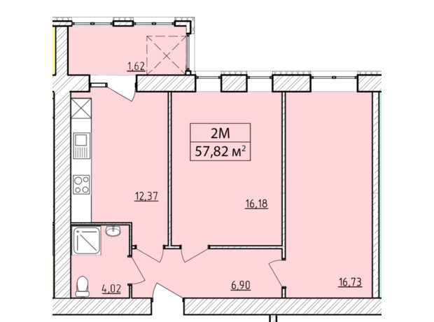 ЖК K-8: планування 2-кімнатної квартири 57.82 м²