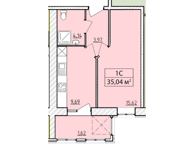 ЖК K-8: планування 1-кімнатної квартири 35.04 м²