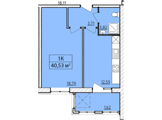 ЖК K-8: планування 1-кімнатної квартири 40.53 м²