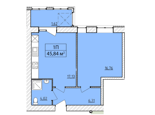 ЖК K-8: планировка 1-комнатной квартиры 45.84 м²