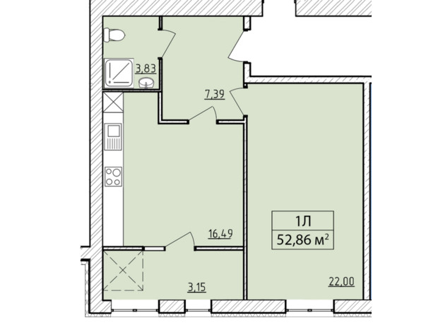 ЖК K-8: планировка 1-комнатной квартиры 52.86 м²