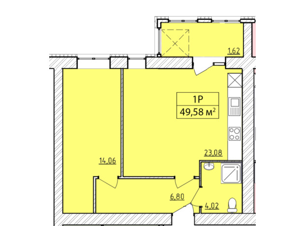 ЖК K-8: планування 1-кімнатної квартири 49.58 м²