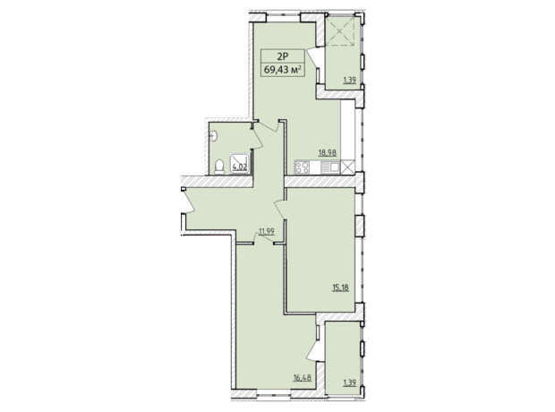 ЖК K-8: планировка 2-комнатной квартиры 69.43 м²
