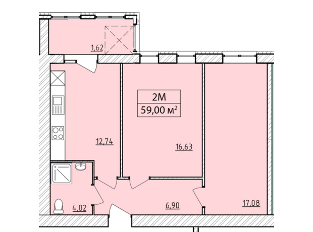 ЖК K-8: планування 2-кімнатної квартири 59 м²