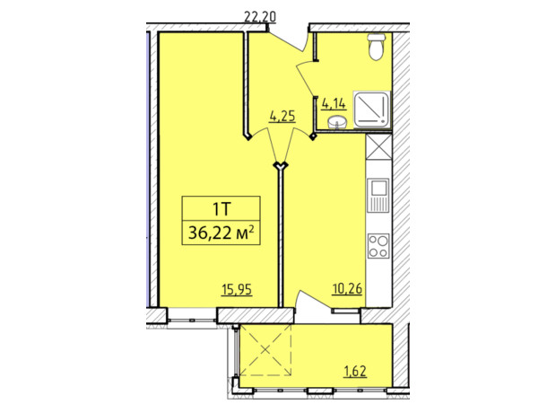 ЖК K-8: планування 1-кімнатної квартири 36.22 м²
