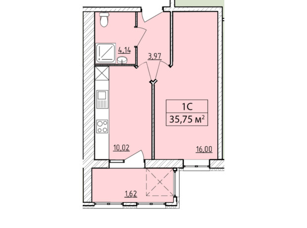 ЖК K-8: планування 1-кімнатної квартири 35.75 м²