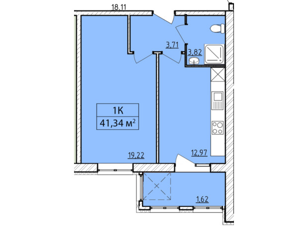 ЖК K-8: планировка 1-комнатной квартиры 41.34 м²