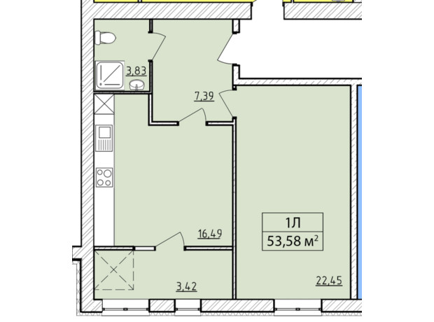 ЖК K-8: планировка 1-комнатной квартиры 53.58 м²