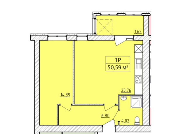 ЖК K-8: планировка 1-комнатной квартиры 50.59 м²