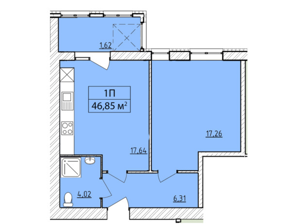 ЖК K-8: планировка 1-комнатной квартиры 46.85 м²