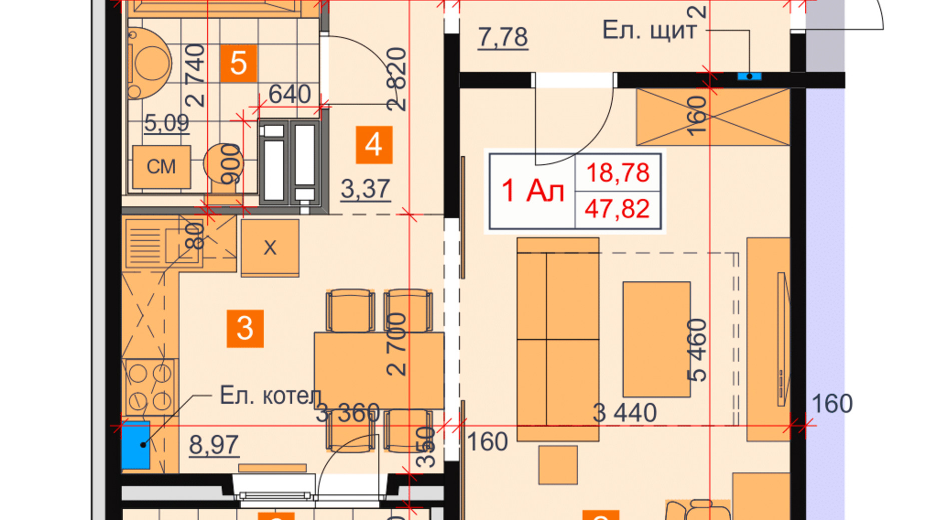 Планування 1-кімнатної квартири в ЖК Greendom 47.82 м², фото 362361