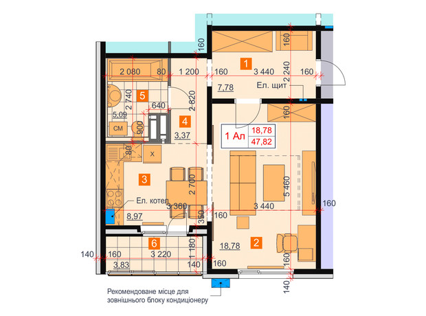 ЖК Greendom: планування 1-кімнатної квартири 47.82 м²