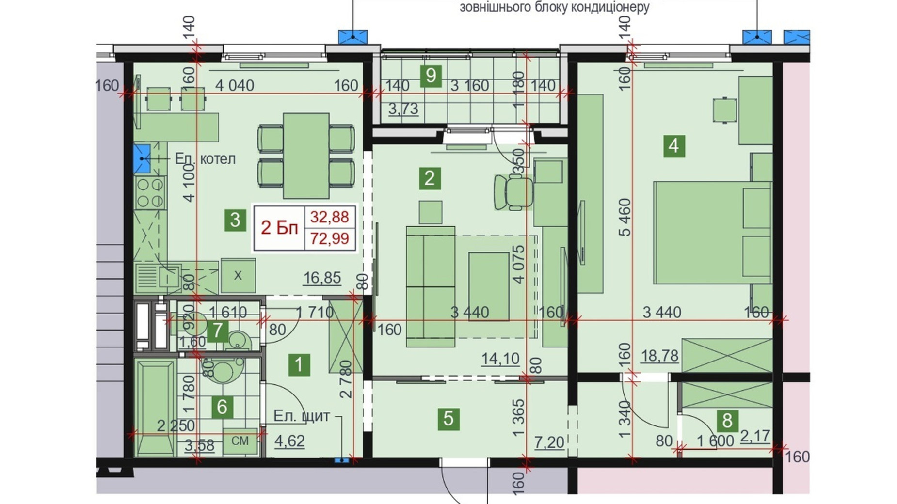 Планировка 2-комнатной квартиры в ЖК Greendom 72.99 м², фото 362362