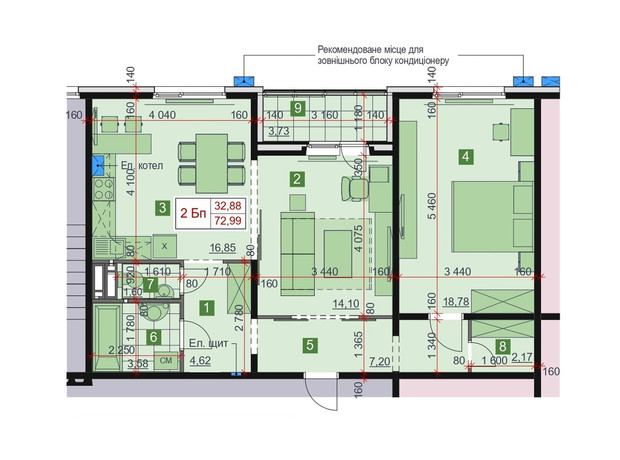 ЖК Greendom: планування 2-кімнатної квартири 72.99 м²