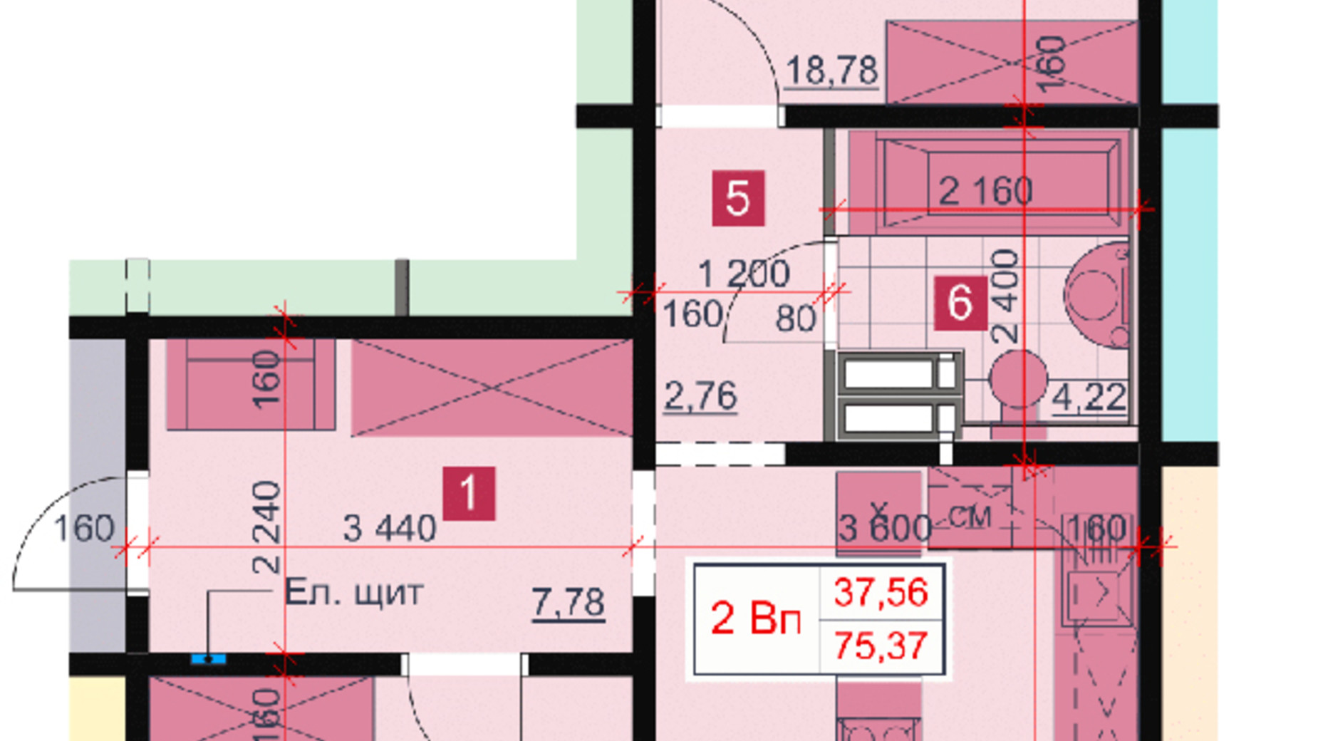 Планування 2-кімнатної квартири в ЖК Greendom 75.37 м², фото 362363