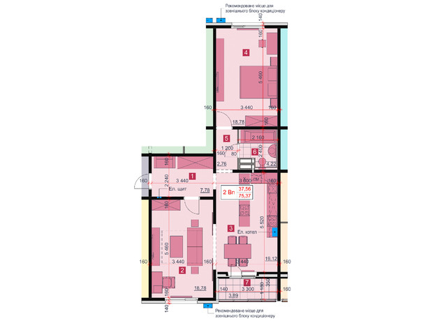 ЖК Greendom: планування 2-кімнатної квартири 75.37 м²