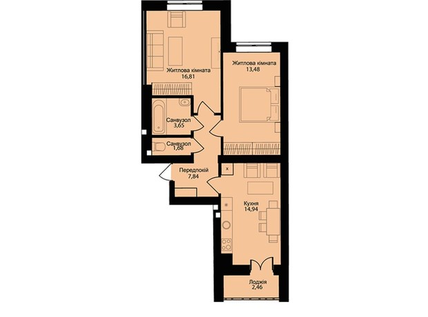 ЖК Muller Haus: планировка 2-комнатной квартиры 61.5 м²