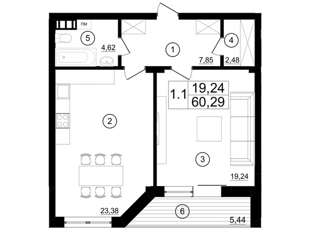 КД м29: планировка 1-комнатной квартиры 60.29 м²