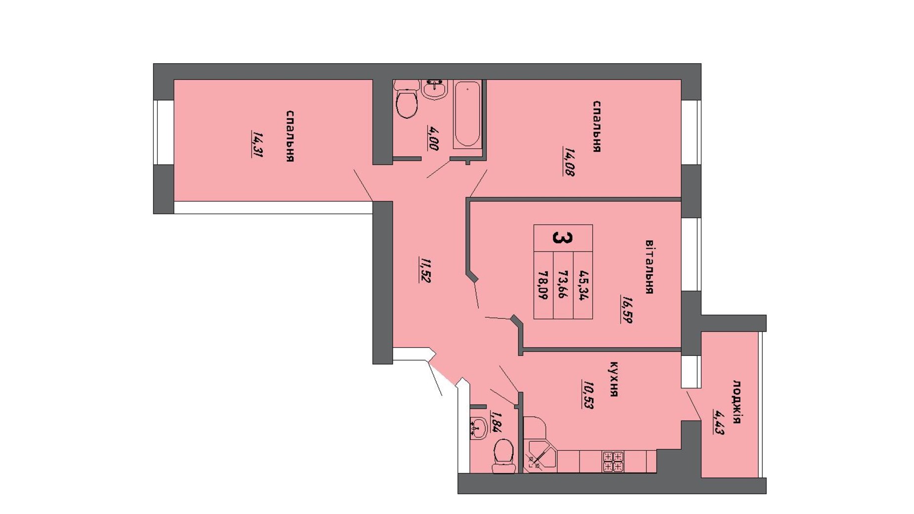 Планировка 3-комнатной квартиры в ЖК Новые Байковцы 78.09 м², фото 363204