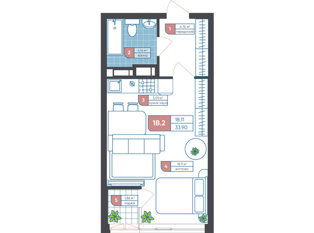ЖК Академ-Квартал: планировка 1-комнатной квартиры 33.9 м²