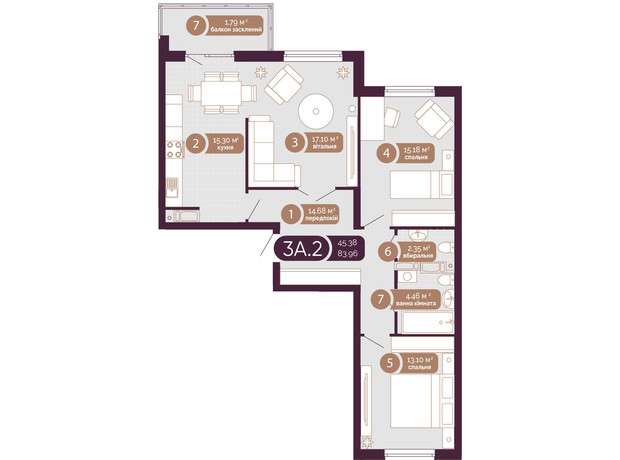 ЖК Голосеевский: планировка 3-комнатной квартиры 83.96 м²