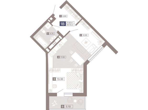 ЖК Лукьяновский каскад: планировка 1-комнатной квартиры 49.7 м²