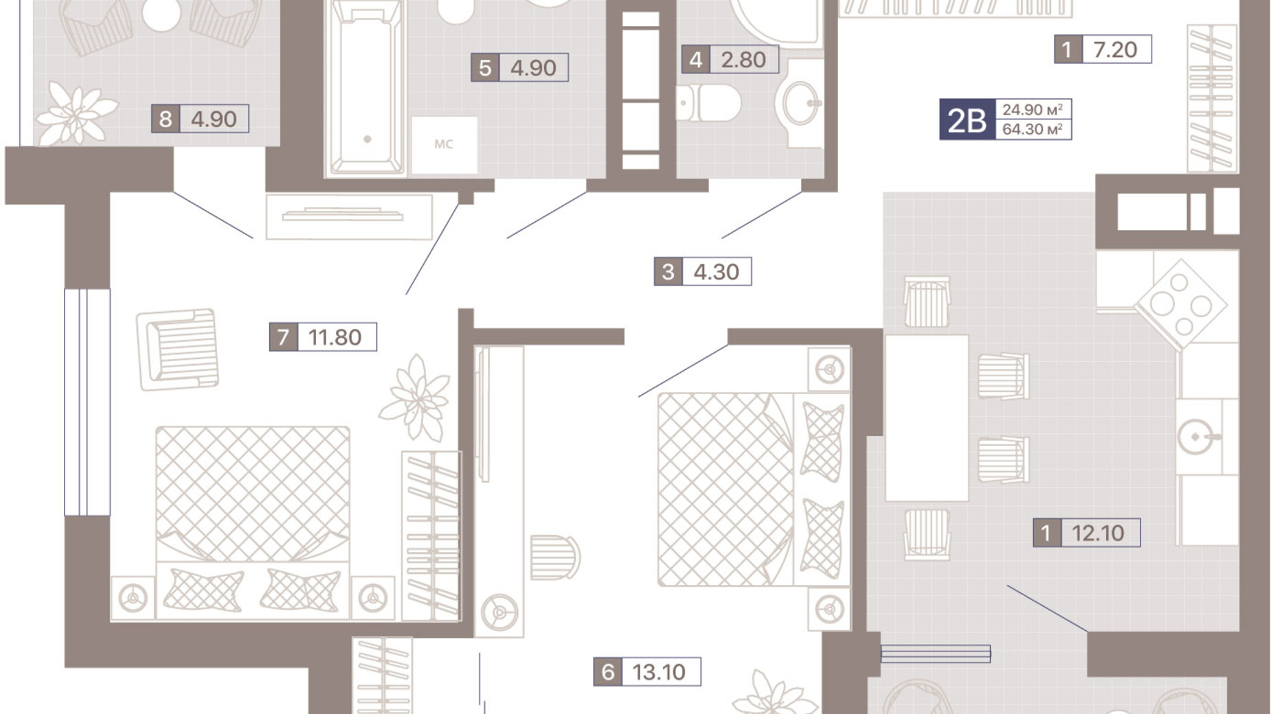 Планировка 2-комнатной квартиры в ЖК Лукьяновский каскад 64.3 м², фото 363369