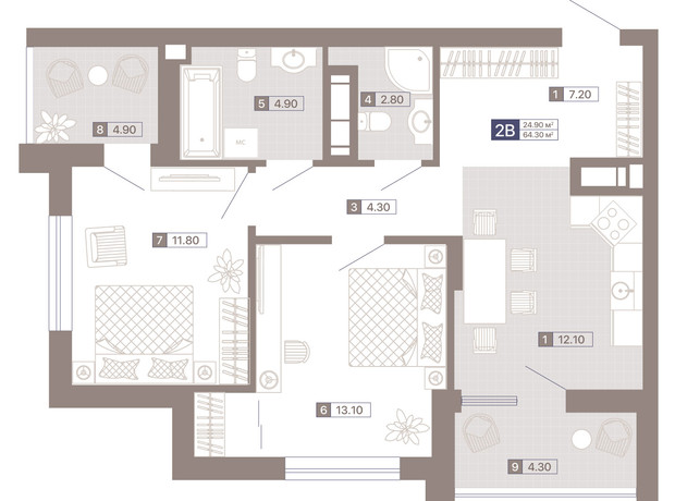 ЖК Лукьяновский каскад: планировка 2-комнатной квартиры 64.3 м²