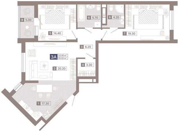 ЖК Лукьяновский каскад: планировка 3-комнатной квартиры 95.6 м²