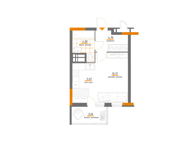 ЖК Нивки-Парк: планування 1-кімнатної квартири 33.06 м²