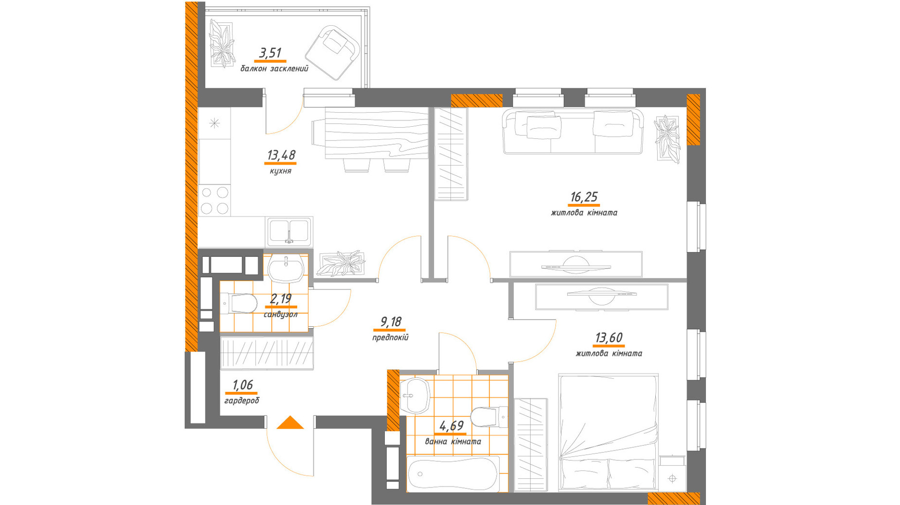 Планировка 2-комнатной квартиры в ЖК Нивки-Парк 63.96 м², фото 363383