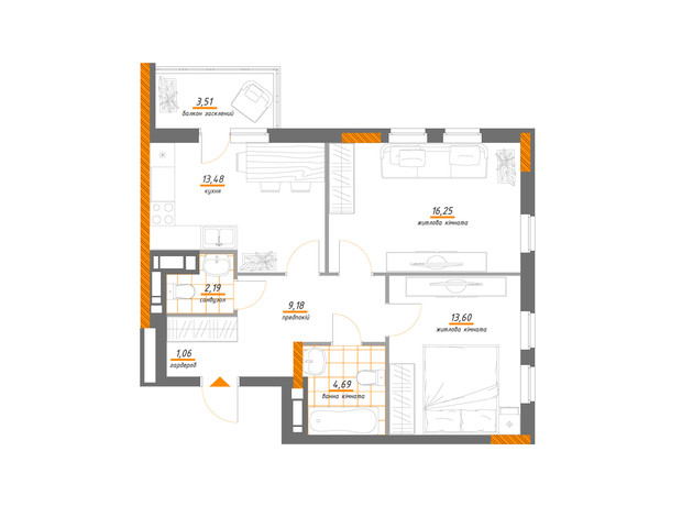 ЖК Нивки-Парк: планировка 2-комнатной квартиры 63.96 м²