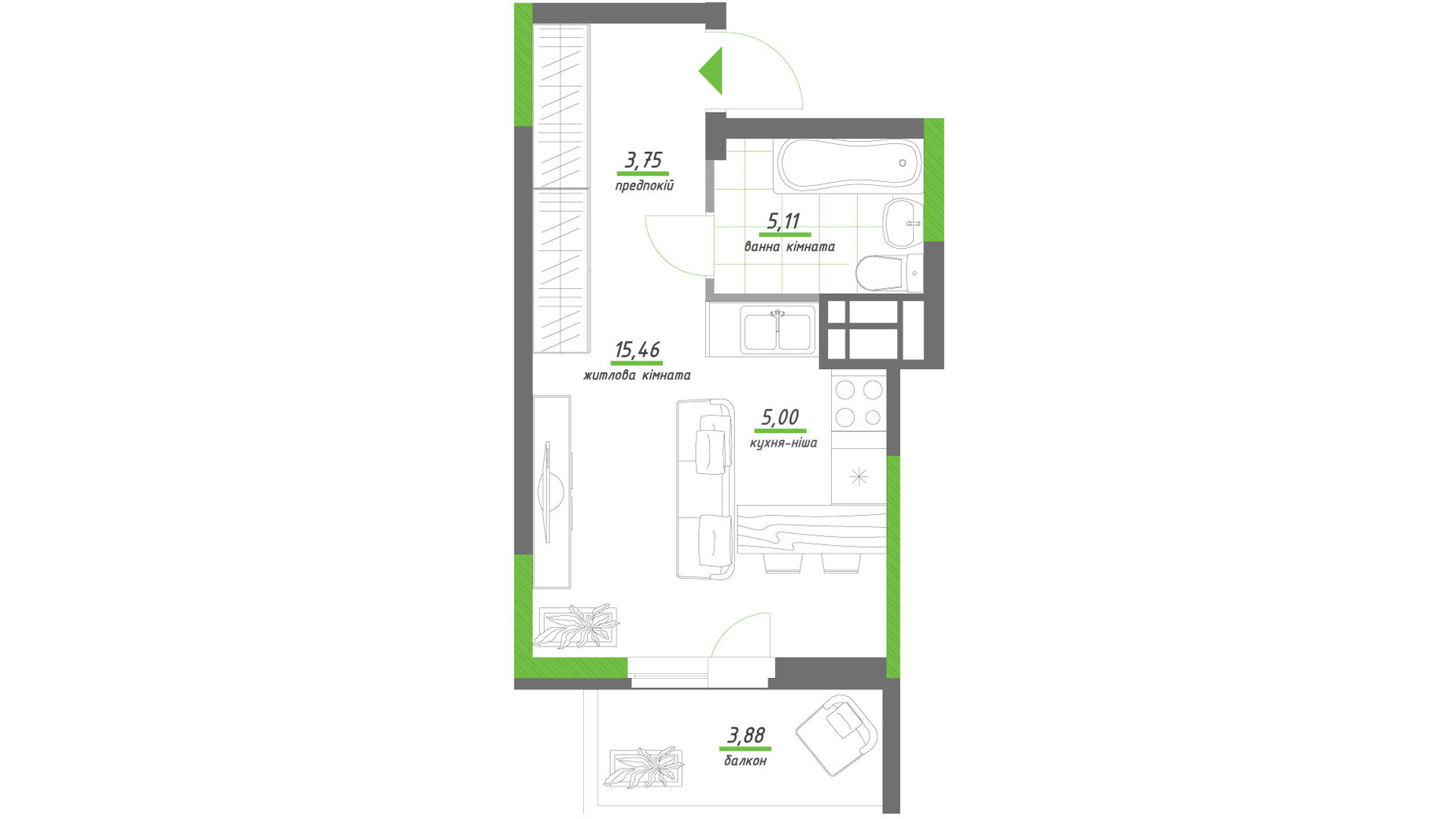 Планування 1-кімнатної квартири в ЖК Нивки-Парк 33.2 м², фото 363391