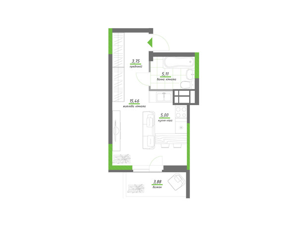 ЖК Нивки-Парк: планування 1-кімнатної квартири 33.2 м²