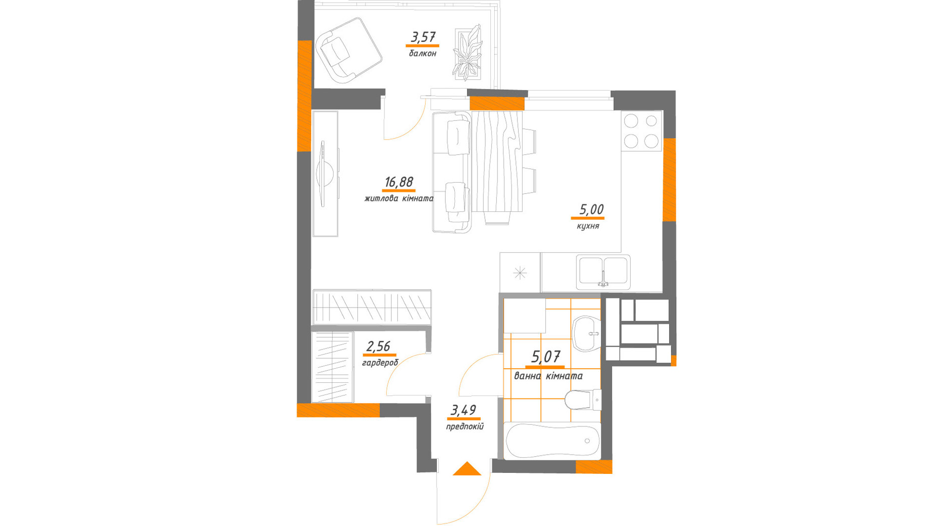 Планування 1-кімнатної квартири в ЖК Нивки-Парк 36.57 м², фото 363422