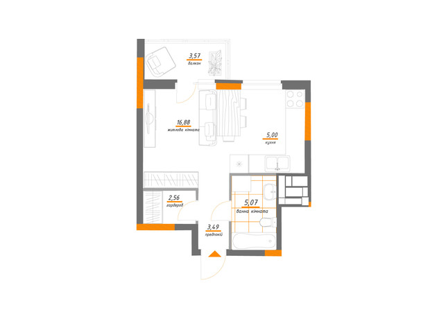 ЖК Нивки-Парк: планування 1-кімнатної квартири 36.57 м²