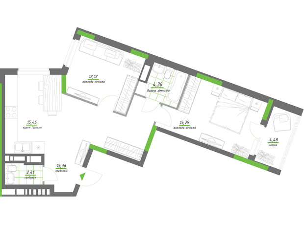 ЖК Нивки-Парк: планування 2-кімнатної квартири 69.92 м²