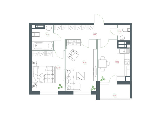 ЖК Озерный гай Гатное: планировка 2-комнатной квартиры 64.1 м²
