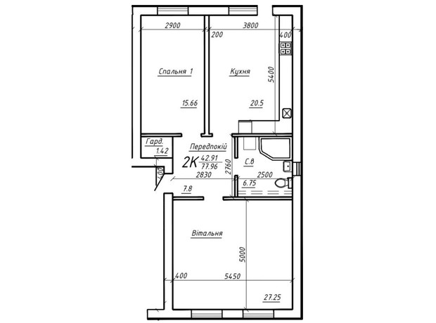 ЖК Обсерваторный: планировка 2-комнатной квартиры 77.96 м²