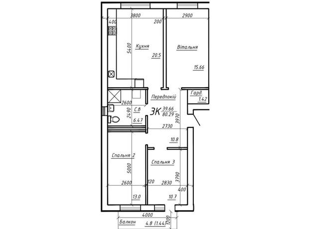 ЖК Обсерваторный: планировка 3-комнатной квартиры 80.29 м²